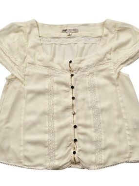 Jolt Cream Lace Trim Button Blouse Size M